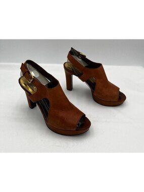 Lauren Ralph Lauren Tan Leather Platform Strap Peep Toe Sandals Sz 8B 90's Retro